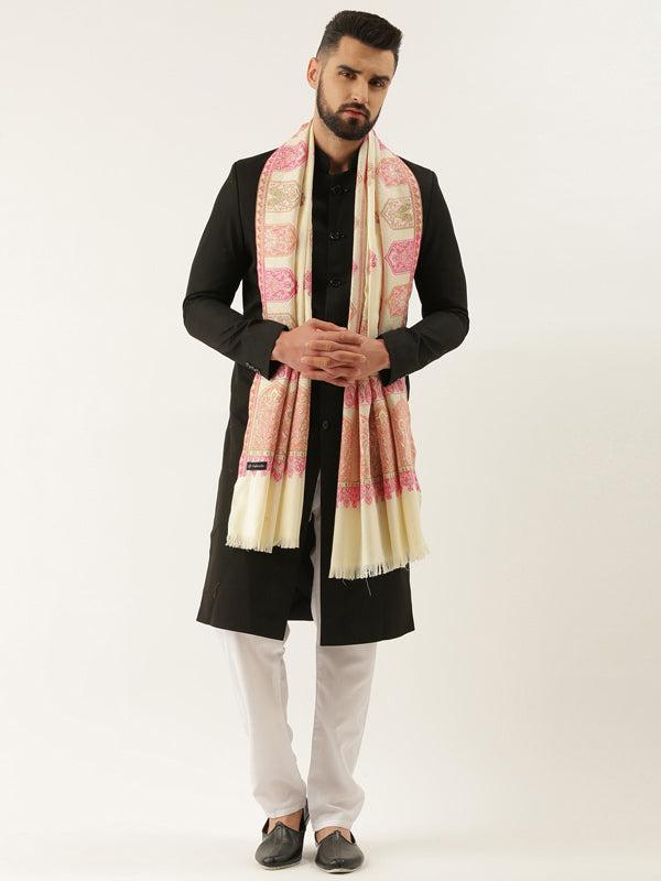 Men Kaani Stole with Zari Weave, Authentic Kashmiri Luxury Pashmina Style  Stole, Full Size Gents Lohi, Size 72X208 CM, Black Color