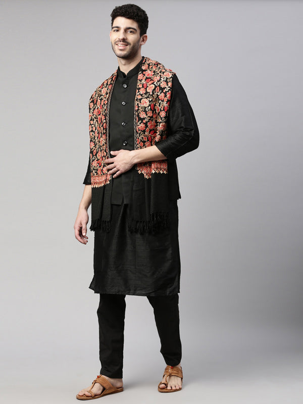 Men Aari Embroidered Shawl (Size : 71X203 CM, Black Color)