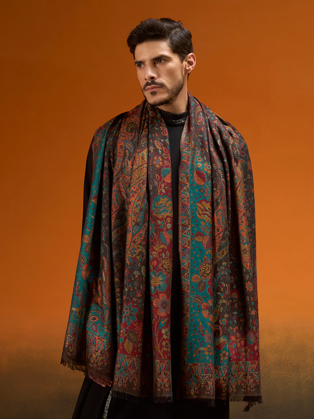Pashmoda Men Grand Paisley Kaani Shawl, Authentic Kashmiri Pashmina Style Wrap, Medium Gents Lohi, Traditional Jamawar Woven Design, Gift Box Packed, Black Colour (40 x 80 Inches)