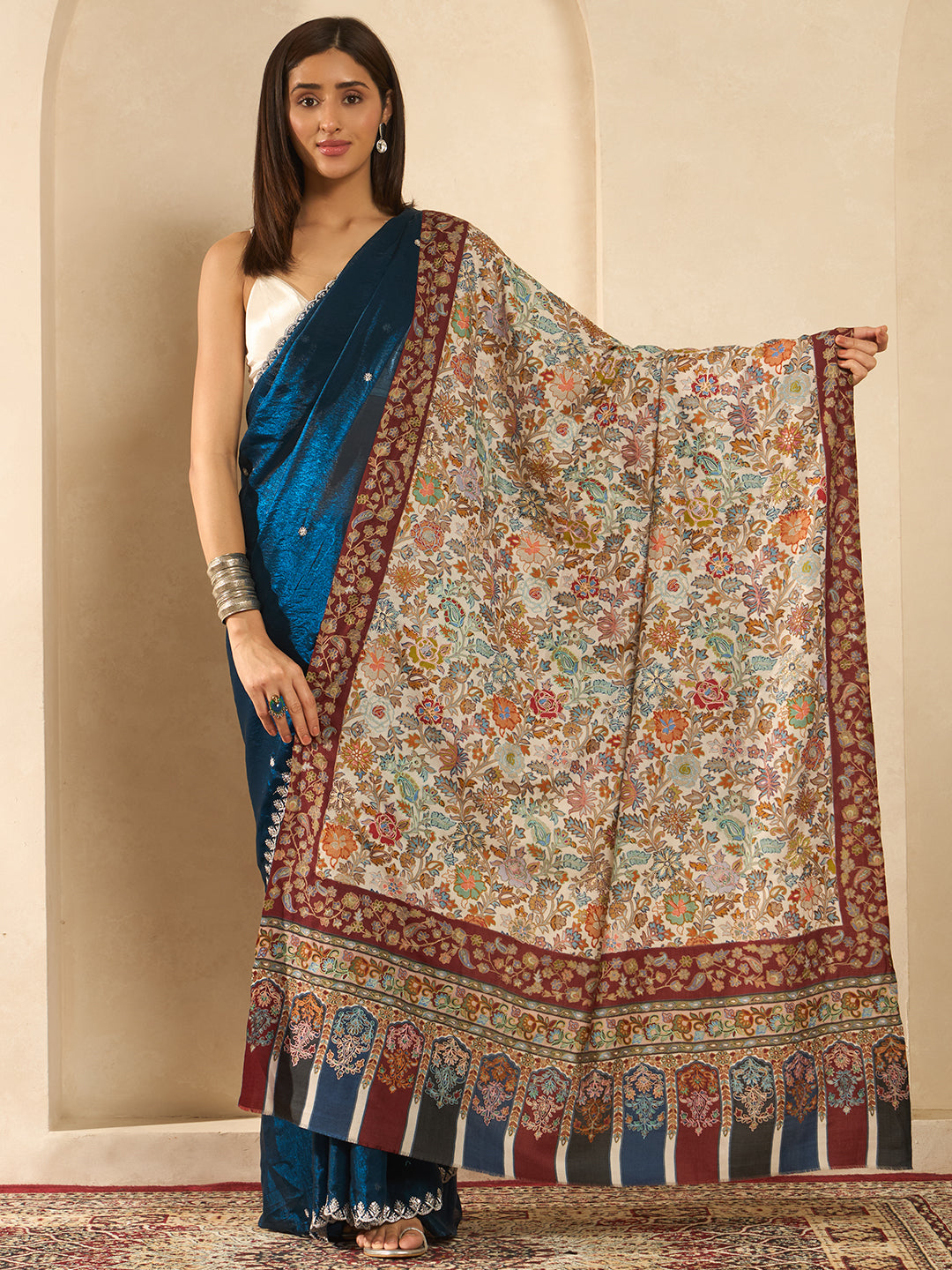 Women Royal Mehrab Fine Wool Fabric Kalamkari Embroidered Shawl