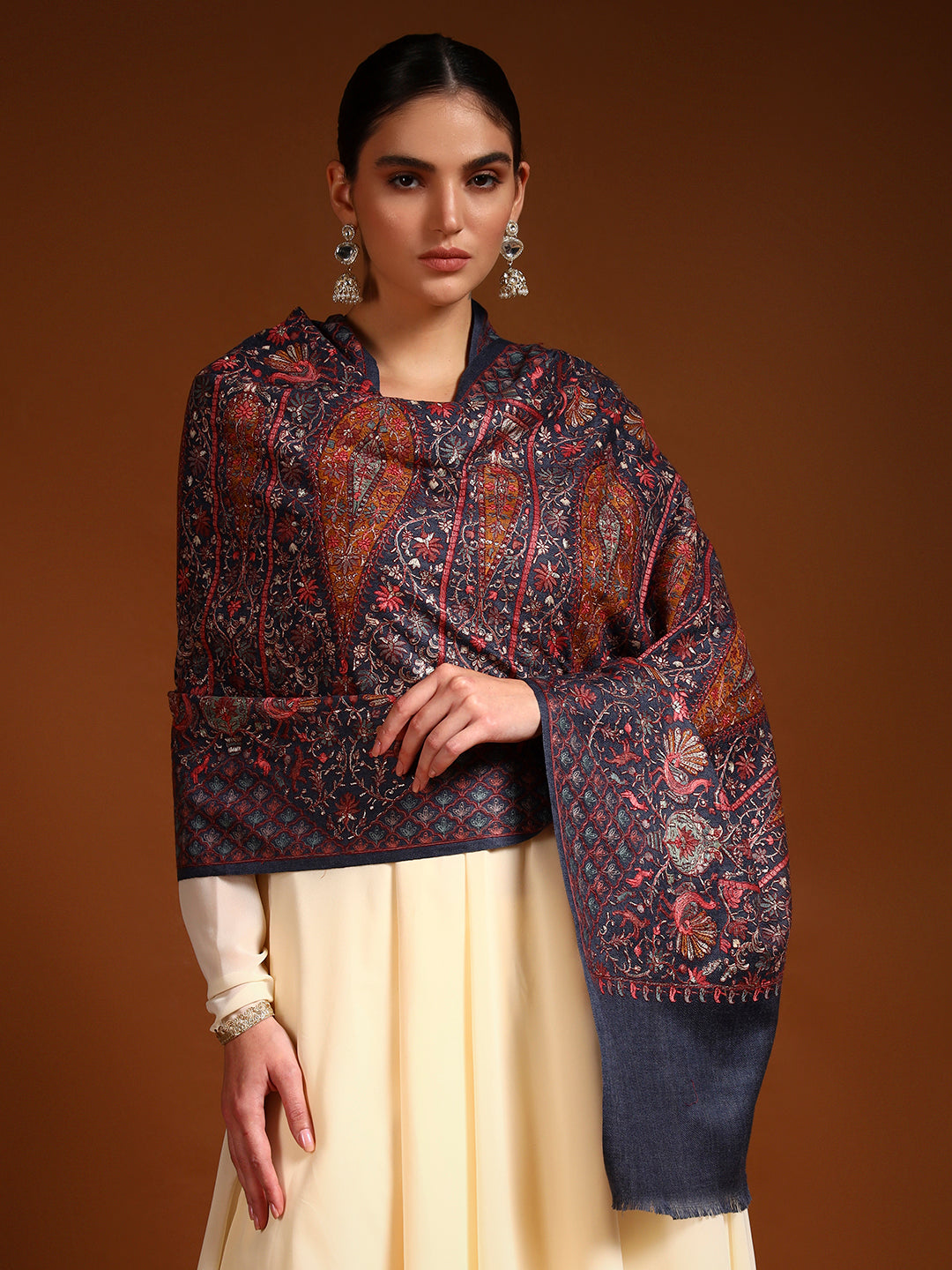 Pashmoda Women Nafeesah 100% Pure Wool Sozni Hand Embroidered Stole (Size-71x203cm)