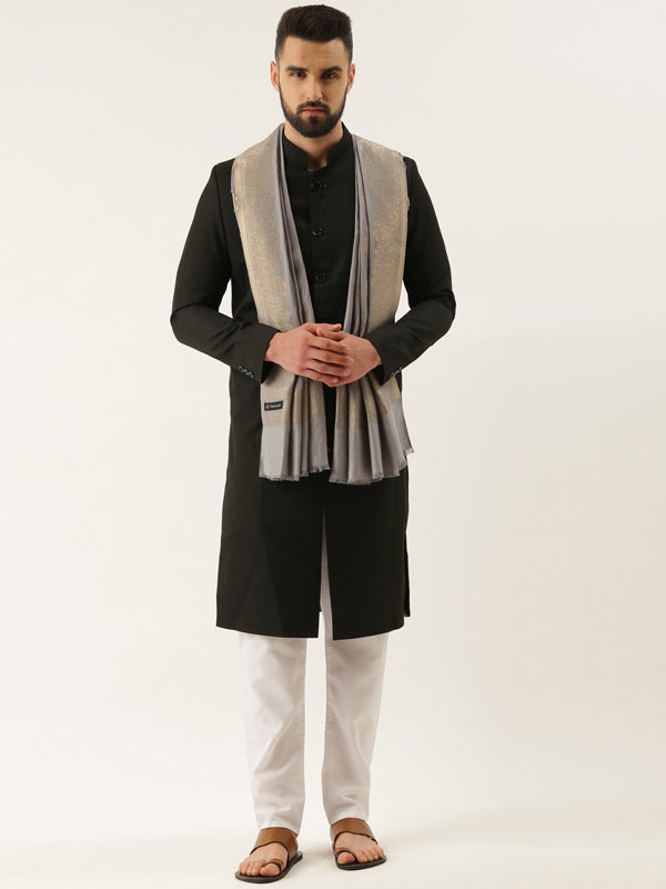 Men Kaani Stole with Zari Weave, Authentic Kashmiri Luxury Pashmina Style Stole, Size 72X208 CM