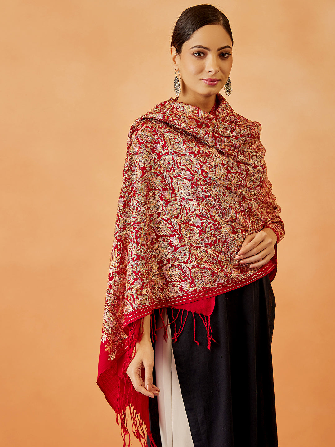 Women's Aangan Wool Blend Nalki Embroidered Stole (Size: 71x203 CM)