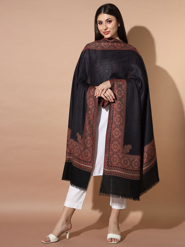 Women Black Woven Design Jamawar Shawl (Size 101X203 CM)