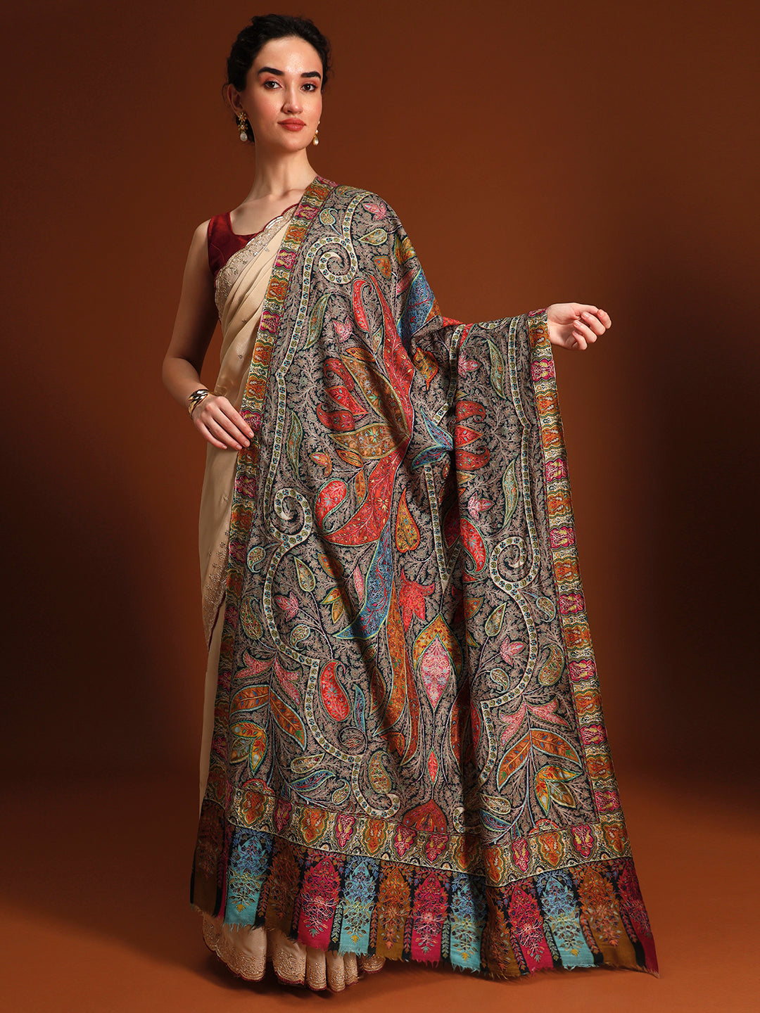 Women Chroma Royale Fine Wool Fabric Kalamkari Embroidered Shawl