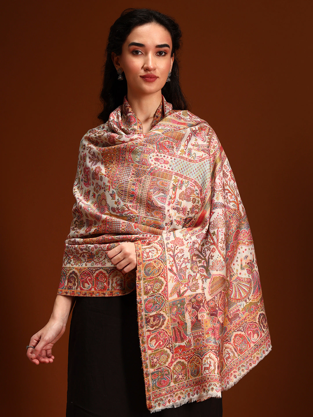 Pashmoda Women Shahi Manzar Kaani Wool Blend Kashmiri Shawl, Stole, Scarf | Luxury Pashmina Jamawar Soft Warm Evening Wrap (Size 40X80 inches )