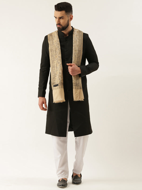 Men Kaani Stole with Zari Weave, Authentic Kashmiri Luxury Pashmina Style  Stole, Size 72X208 CM,  Beige Color