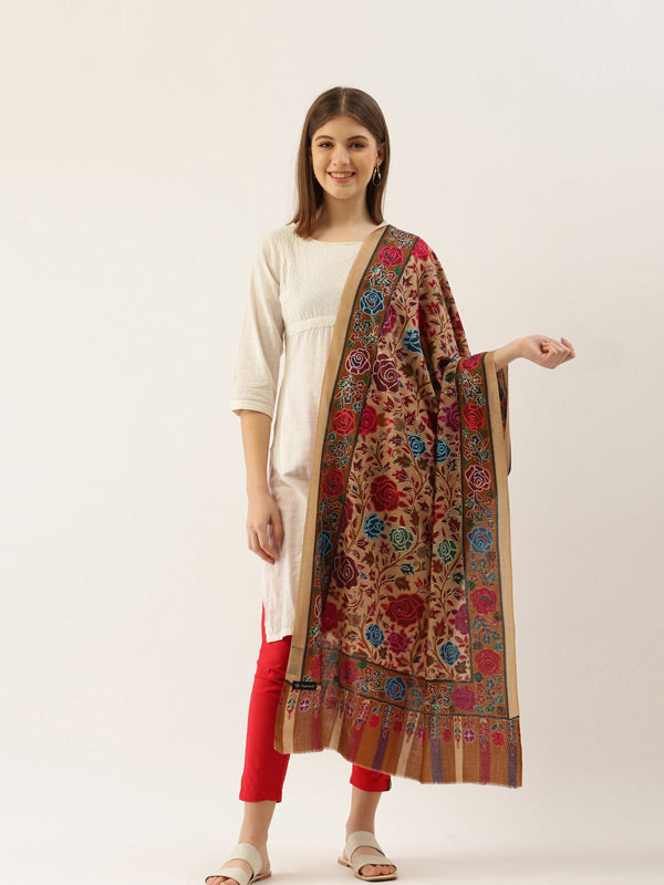 Women's Beige Pure Wool Kalamkari Stole (Size : 71X203 CM)