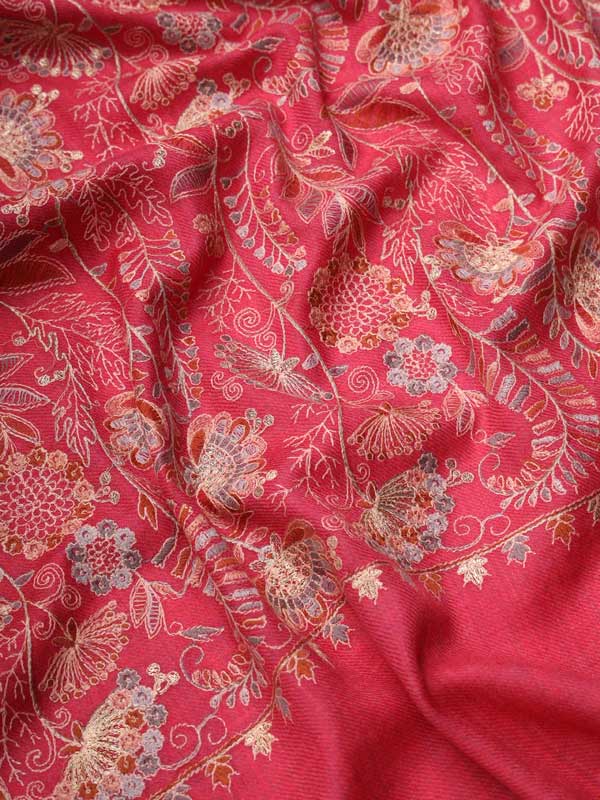 Women Dark Pink Pure Wool Embroidered Stole (Size 71X203 CM)