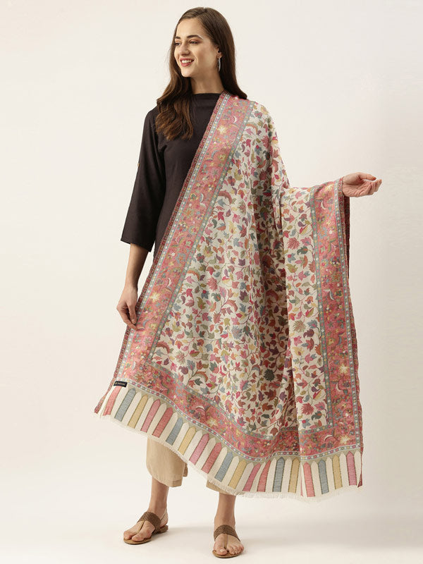 White Kaani Woven Design Shawl (Size : 101X203 CM)