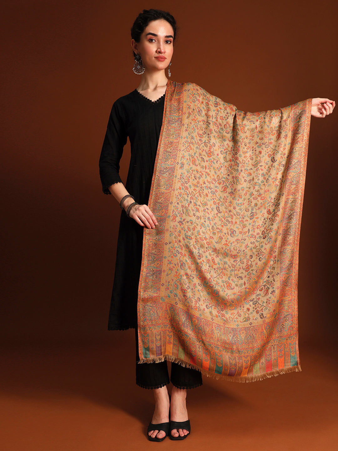 Pashmoda  Imperial Royal botanica Stole for Women, Wool Blend Pashmina Style Shawl Wrap, Traditional Kashmiri Jamawar Woven Design, Luxury Evening & Festive Scarf (28 x 80 Inches)