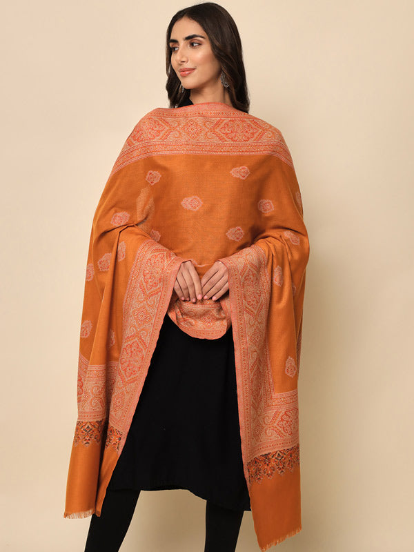 Women Mustard Woven Design Jamawar Shawl (Size 101X203 CM)