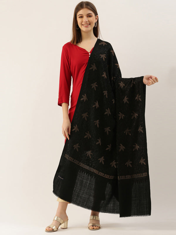 Black Pure Wool Crystal Work and Aari Embroidered Shawl (Size : 101X203 CM)