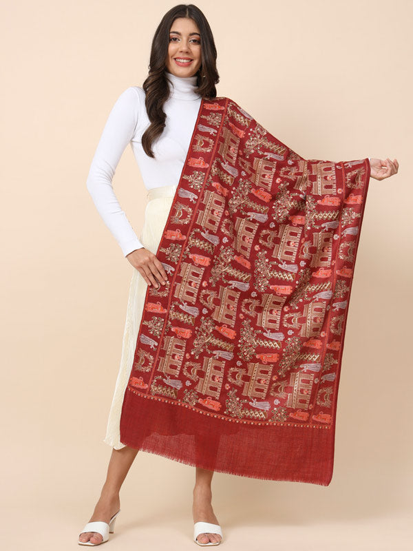 Women Maroon Pure Wool Embroidered Stole (Size 71X203 CM)