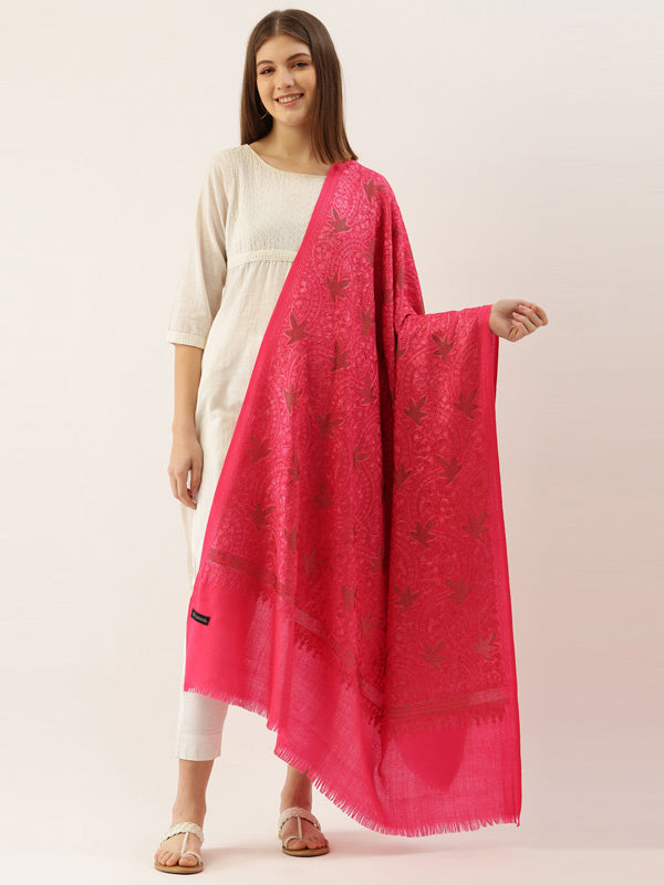 Women's Pink Pure Wool Crystal Work and Aari Embroidered Shawl (Size: 101 X 203 Cms)