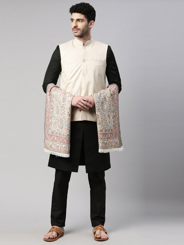 Men Kaani Woven Design Stole (Size 71X203 CM, White Color)