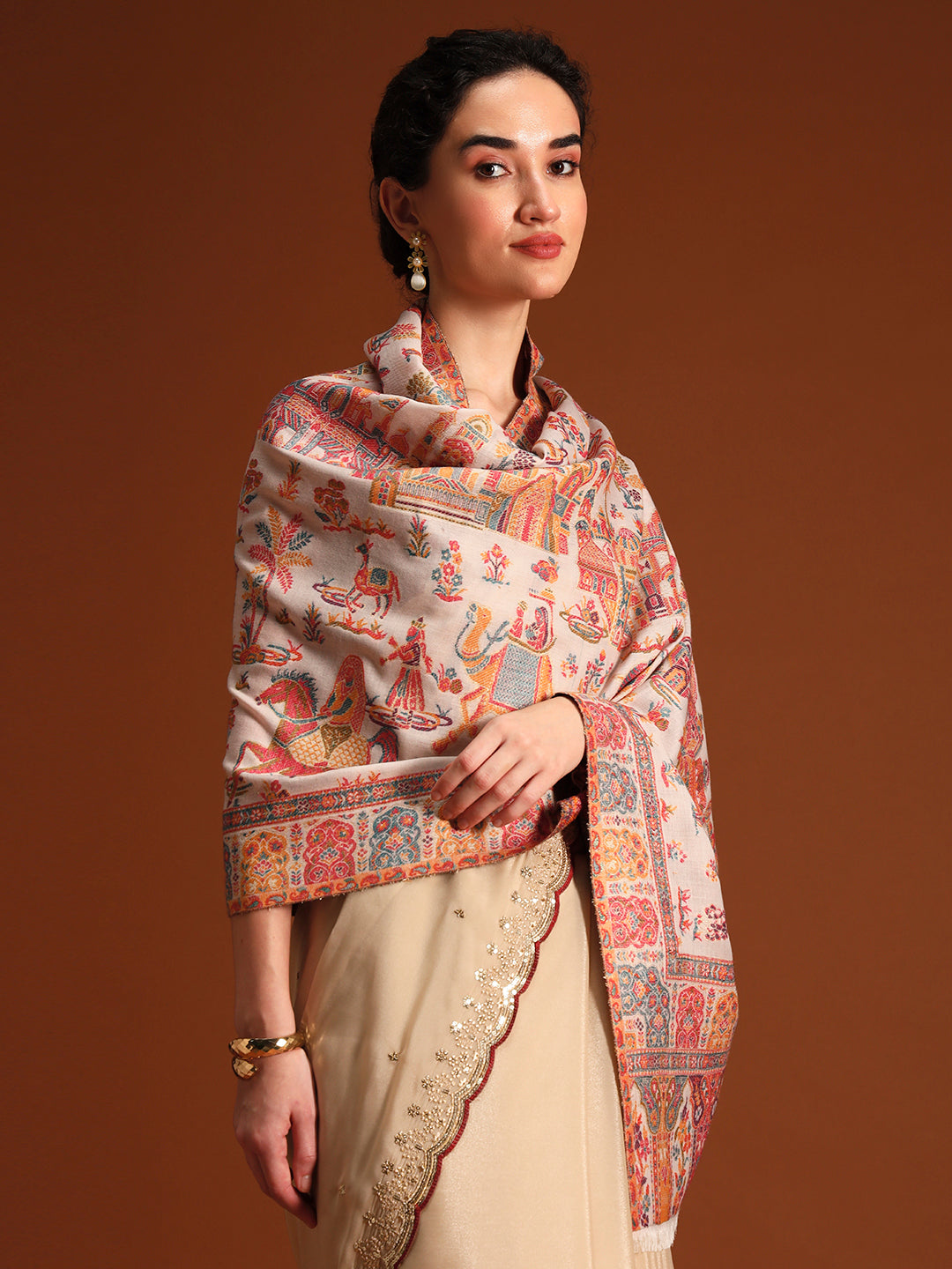 Pashmoda Imperial Gulzar kaani stole Stole for Women, Wool Blend Pashmina Style Shawl Wrap, Traditional Kashmiri Jamawar Woven Design, Luxury Evening & Festive Scarf (28 x 80 Inches)