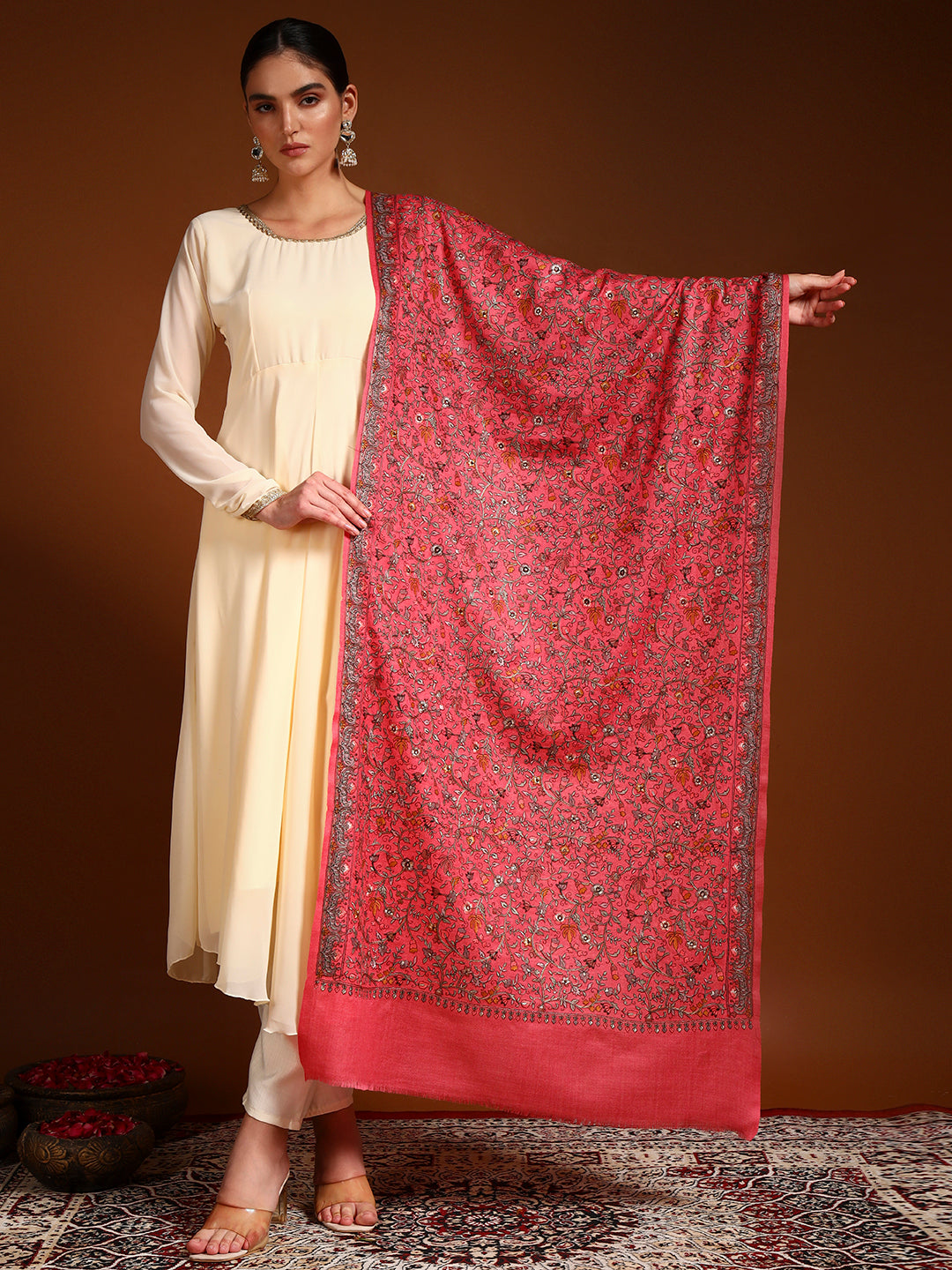 Pashmoda Women Shabnum 100% Pure Wool Sozni Hand Embroidered Stole (Size-71 × 203 cm)