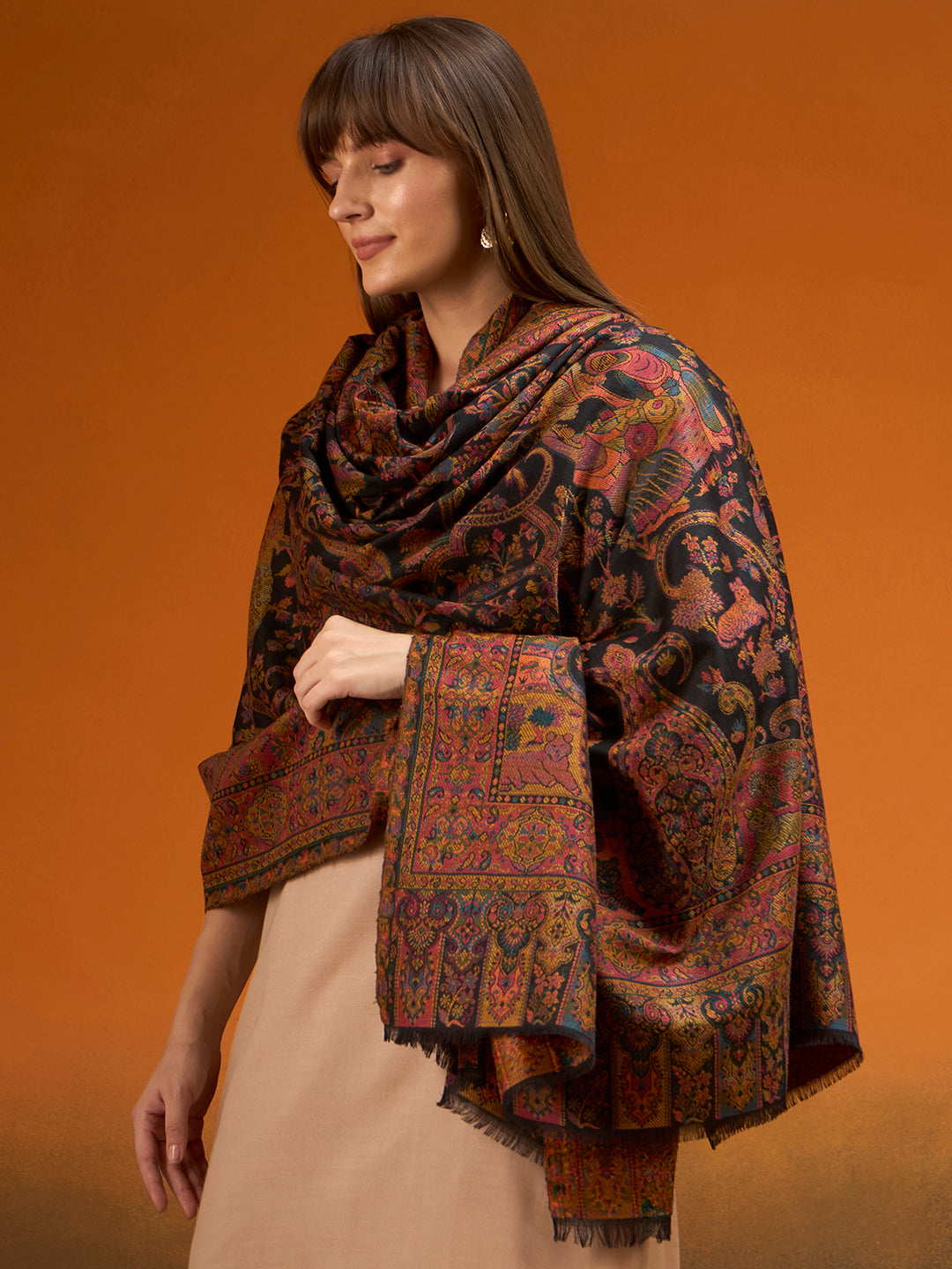 Pashmoda Women Royal gulistan Kaani Wool Blend Kashmiri Shawl, Stole, Scarf | Luxury Pashmina Jamawar Soft Warm Evening Wrap (Size 40X80 inches )