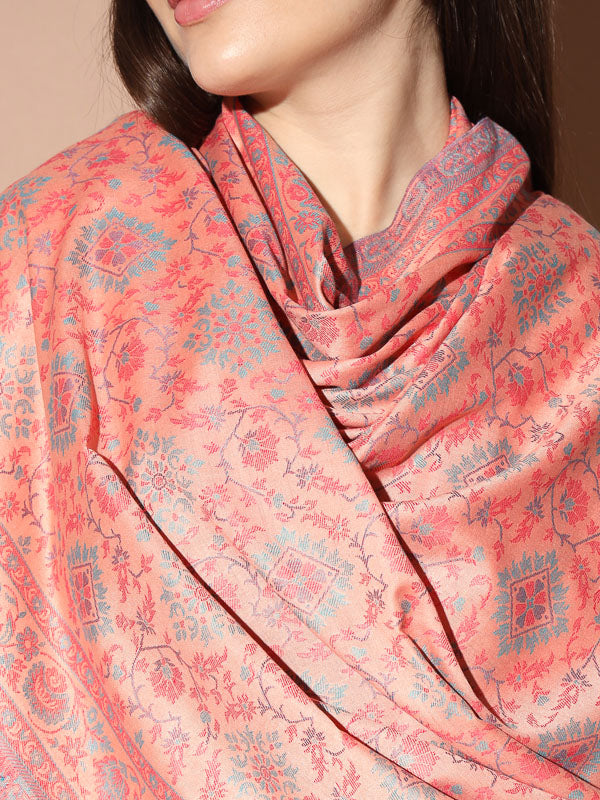 Women Pink Woven Design Jamawar Shawl (Size 101X203 CM)