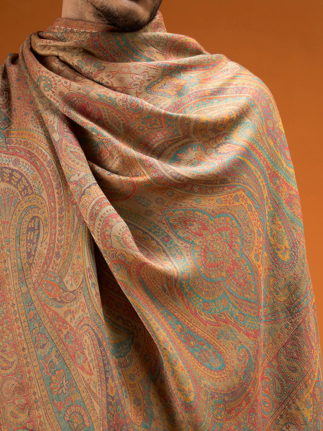 Pashmoda Men Grand Paisley Kaani Shawl, Authentic Kashmiri Pashmina Style Wrap, Medium Gents Lohi, Traditional Jamawar Woven Design, Gift Box Packed, Beige Colour (40 x 80 Inches)