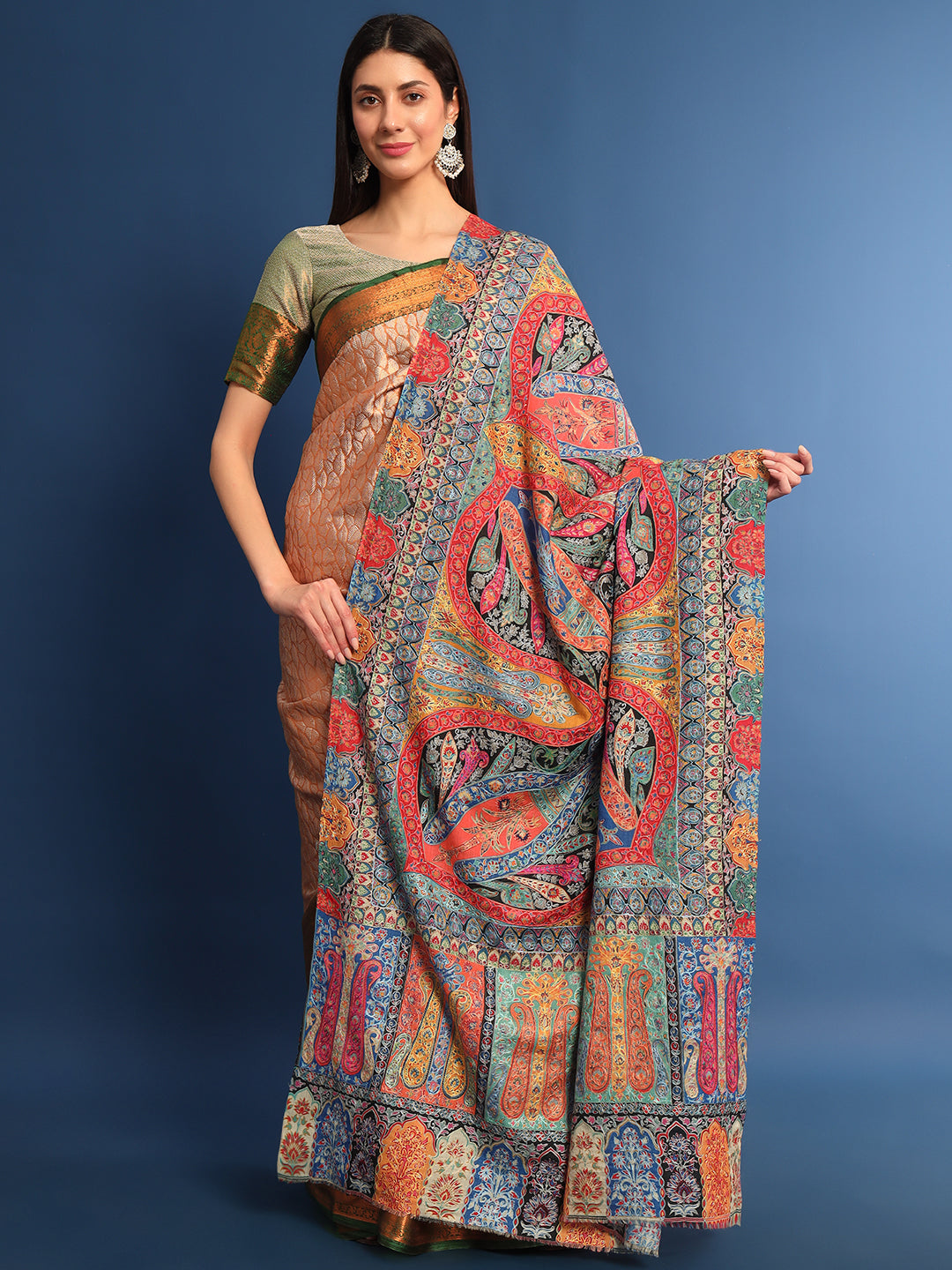 Women Gulsher Fine Wool Fabric Pashmina Kalamkari Embroidered Shawl (Size: 115x230 CM)