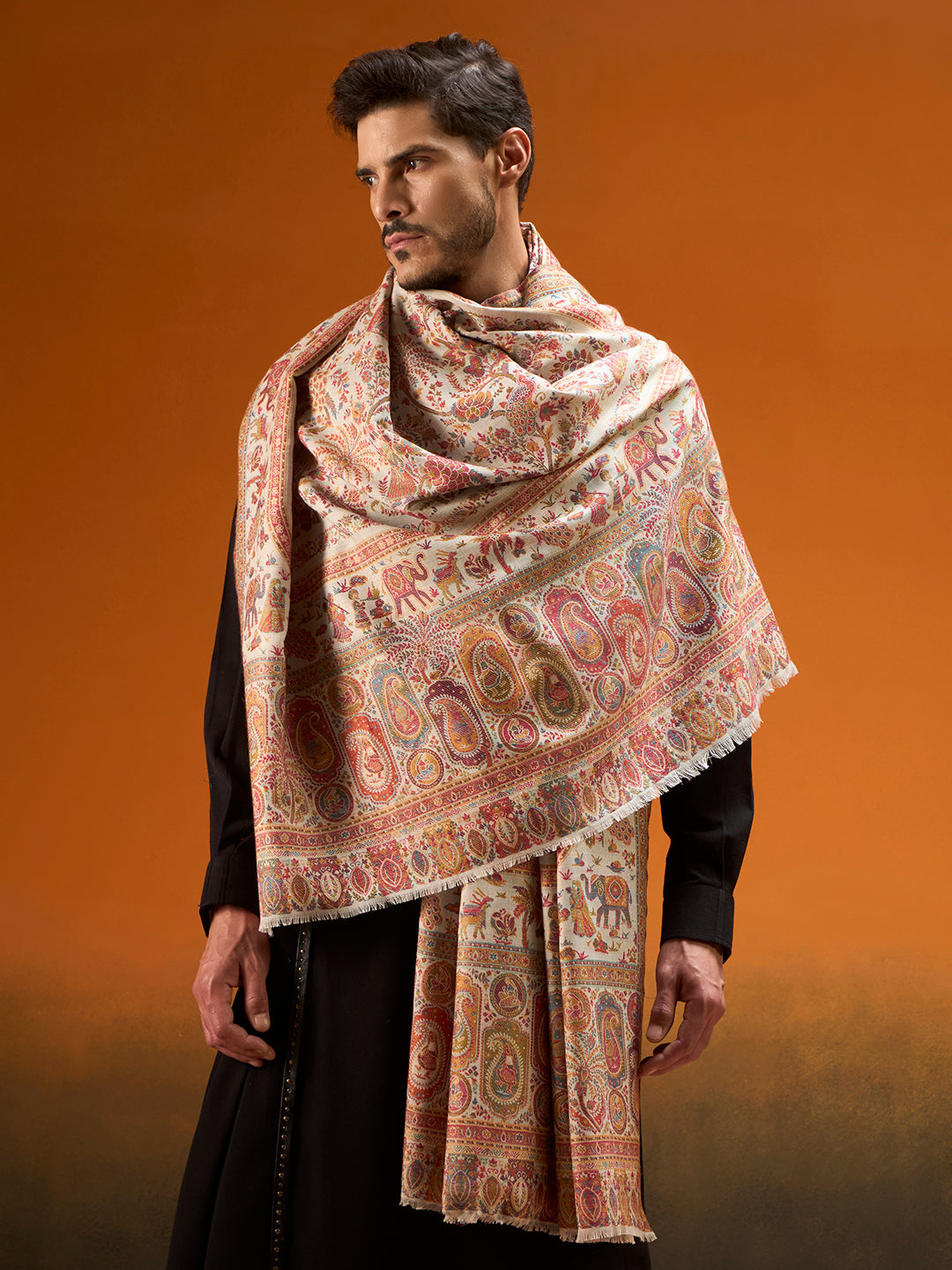 Pashmoda Men Kaani Orchard Fine Wool Kalamkari Embroidered Shawl, Stole and Wrap, Sustainable and Natural Fabric, Heritage Kashmiri Pashmina MEDIUM SIZE (Size 40x80 Inches)