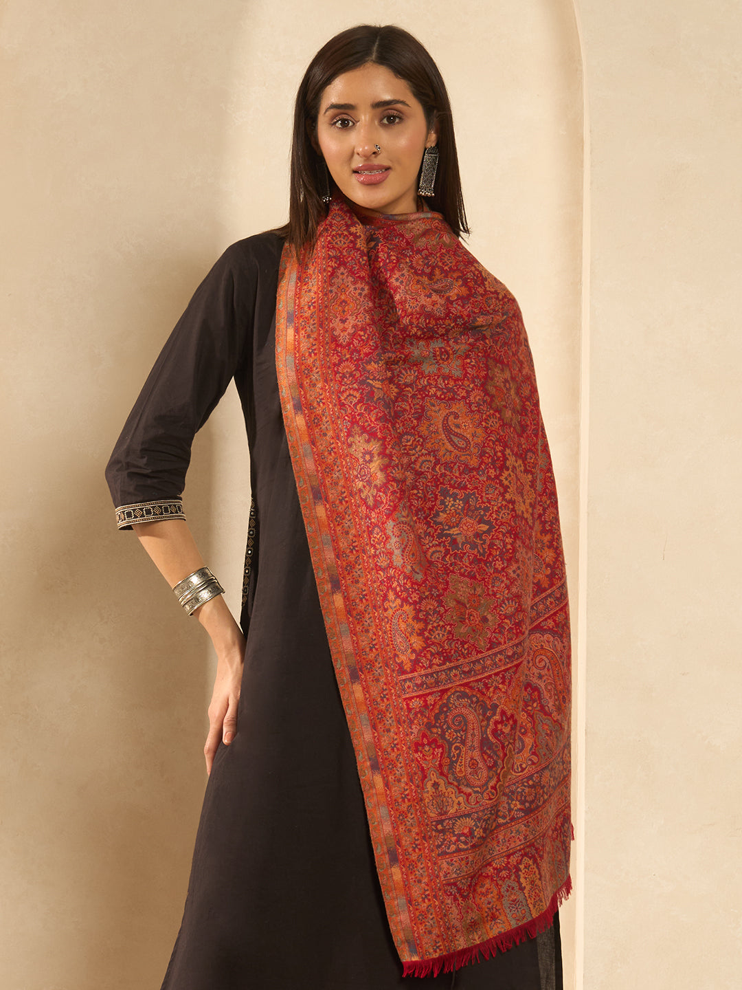Pashmoda Imperial Shahkaar Gulistan kaani stole Stole for Women, Wool Blend Pashmina Style Shawl Wrap, Traditional Kashmiri Jamawar Woven Design, Luxury Evening & Festive Scarf (28 x 80 Inches)