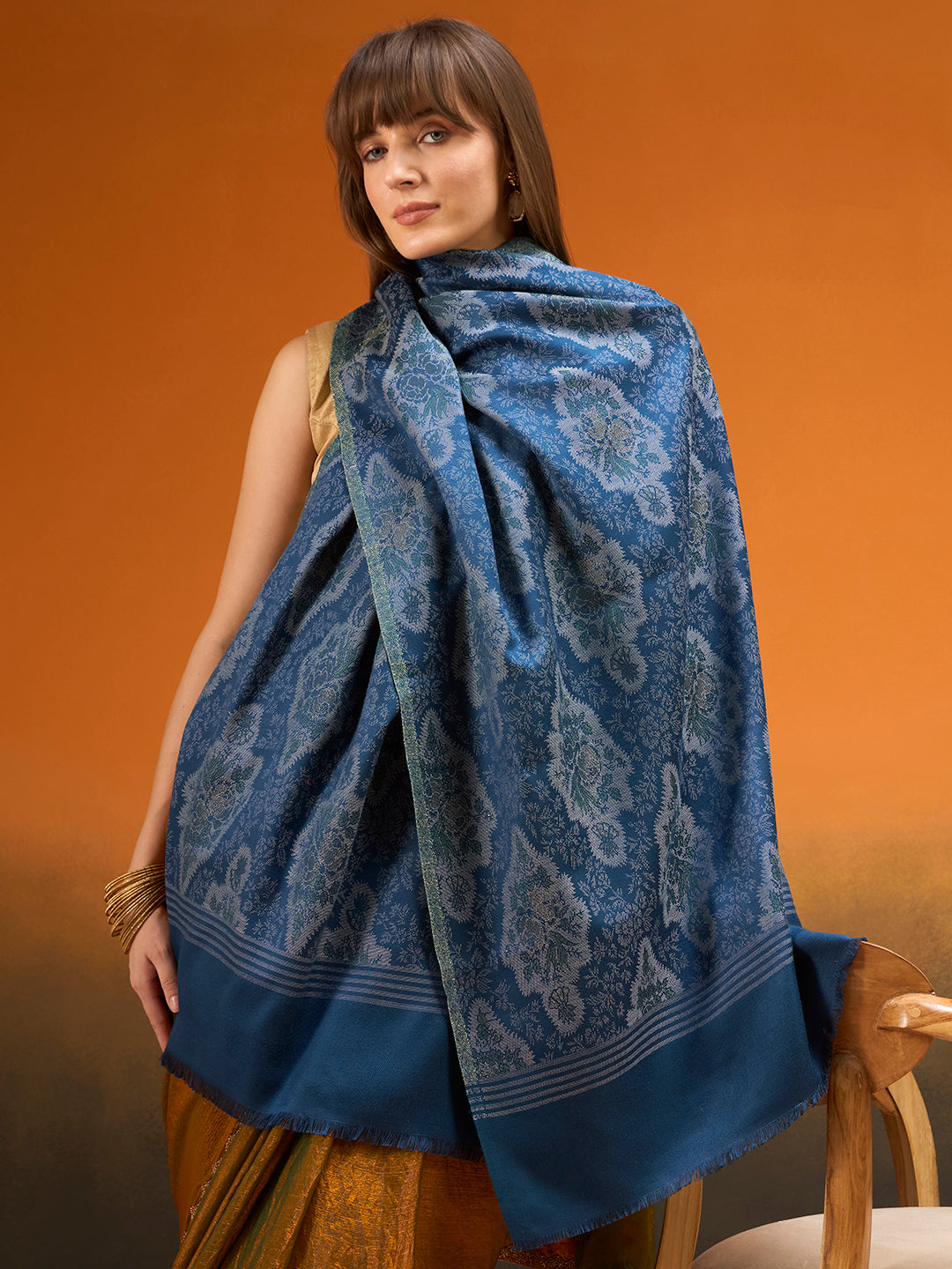 Pashmoda  Imperial Royal brocade Stole for Women, Wool Blend Pashmina Style Shawl Wrap, Traditional Kashmiri Jamawar Woven Design, Luxury Evening & Festive Scarf (28 x 80 Inches)