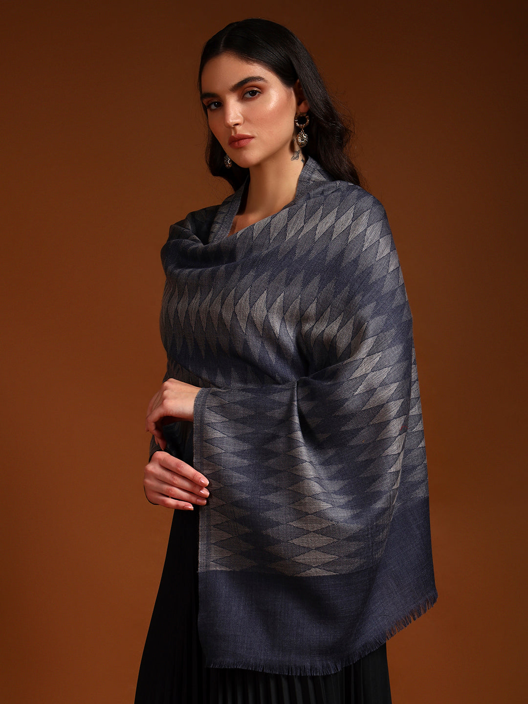 Women 100% Pure Wool Ikat Checkered Stole, Sustainable and Natural Fabric (Size 71x203 CM)