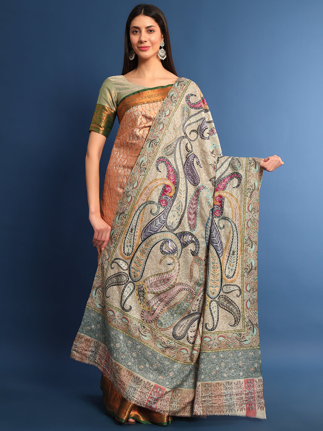 Women Fiza Fine Wool Fabric Pashmina Kalamkari Embroidered Shawl (Size: 115x230 CM)