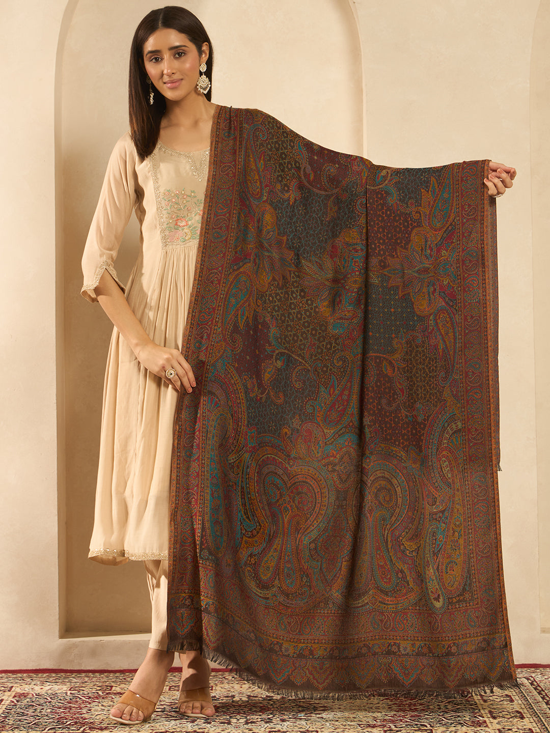 Pashmoda Women  Grand Paisley Kaani Wool Blend Kashmiri Shawl, Stole, Scarf | Luxury Pashmina Jamawar Soft Warm Evening Wrap (Size 40X80 inches )
