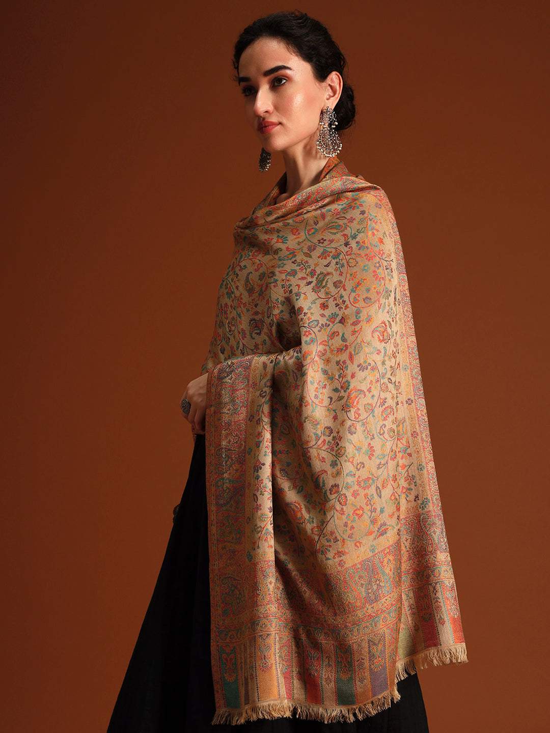 Pashmoda  Imperial Royal botanica Stole for Women, Wool Blend Pashmina Style Shawl Wrap, Traditional Kashmiri Jamawar Woven Design, Luxury Evening & Festive Scarf (28 x 80 Inches)