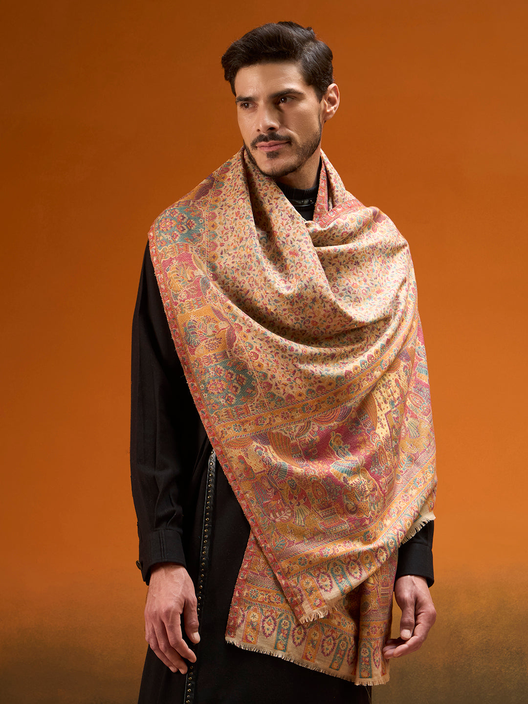 Pashmoda Men Persian Court Fine Wool Kaani Shawl, Authentic Kashmiri Pashmina Style Wrap, Medium Gents Lohi, Traditional Jamawar Woven Design, Gift Box Packed, Beige Colour (40 x 80 Inches)