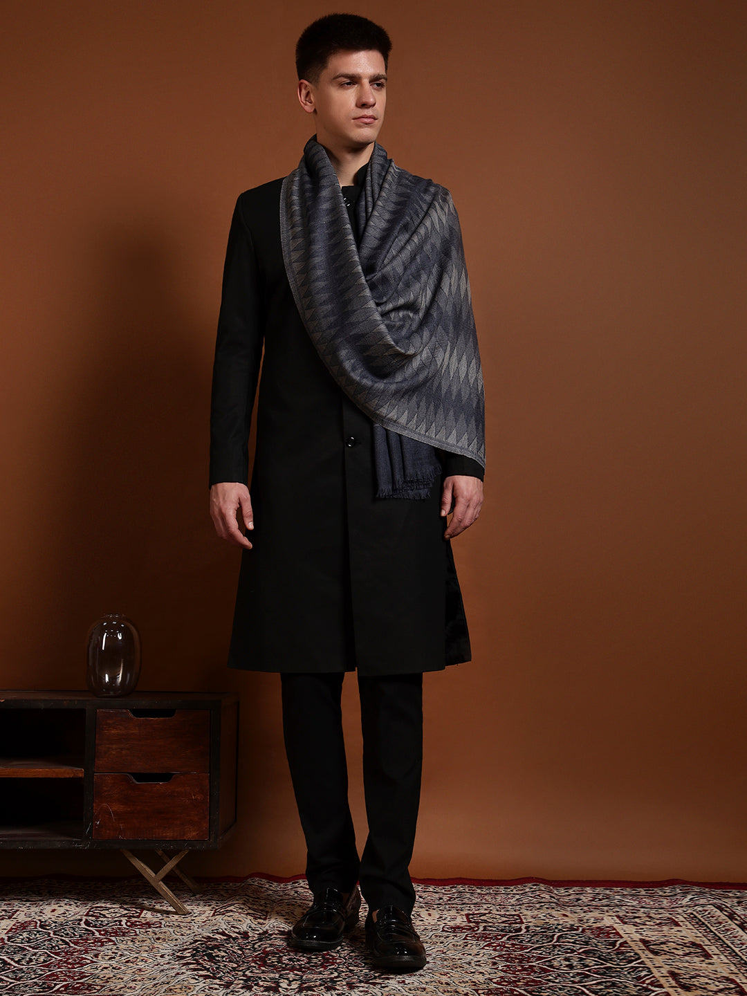 Pashmoda Men 100% Pure Wool Checkered Ikat Stole, Natural & Sustainable Shawl Wrap, Heritage Kashmiri Pashmina Style, Blue2 Colour (28 x 80 Inches)