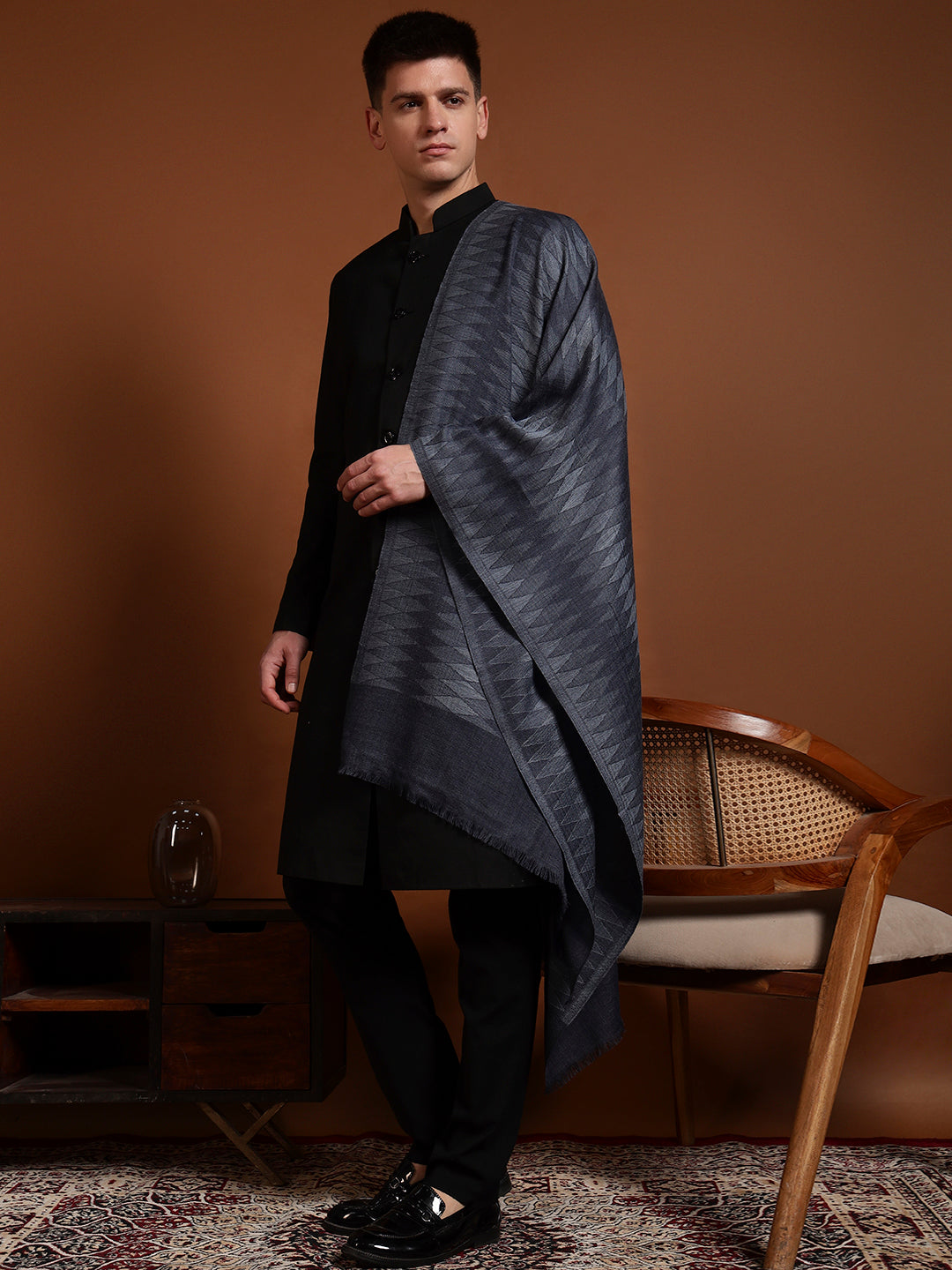 Pashmoda Men 100% Pure Wool Checkered Ikat Stole, Natural & Sustainable Shawl Wrap, Heritage Kashmiri Pashmina Style, Blue Colour (28 x 80 Inches)