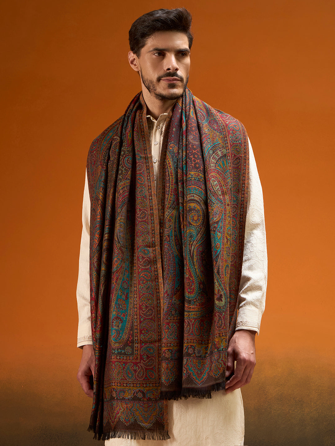 Pashmoda Men Grand Paisley Kaani Shawl, Authentic Kashmiri Pashmina Style Wrap, Medium Gents Lohi, Traditional Jamawar Woven Design, Gift Box Packed, Black Colour (40 x 80 Inches)