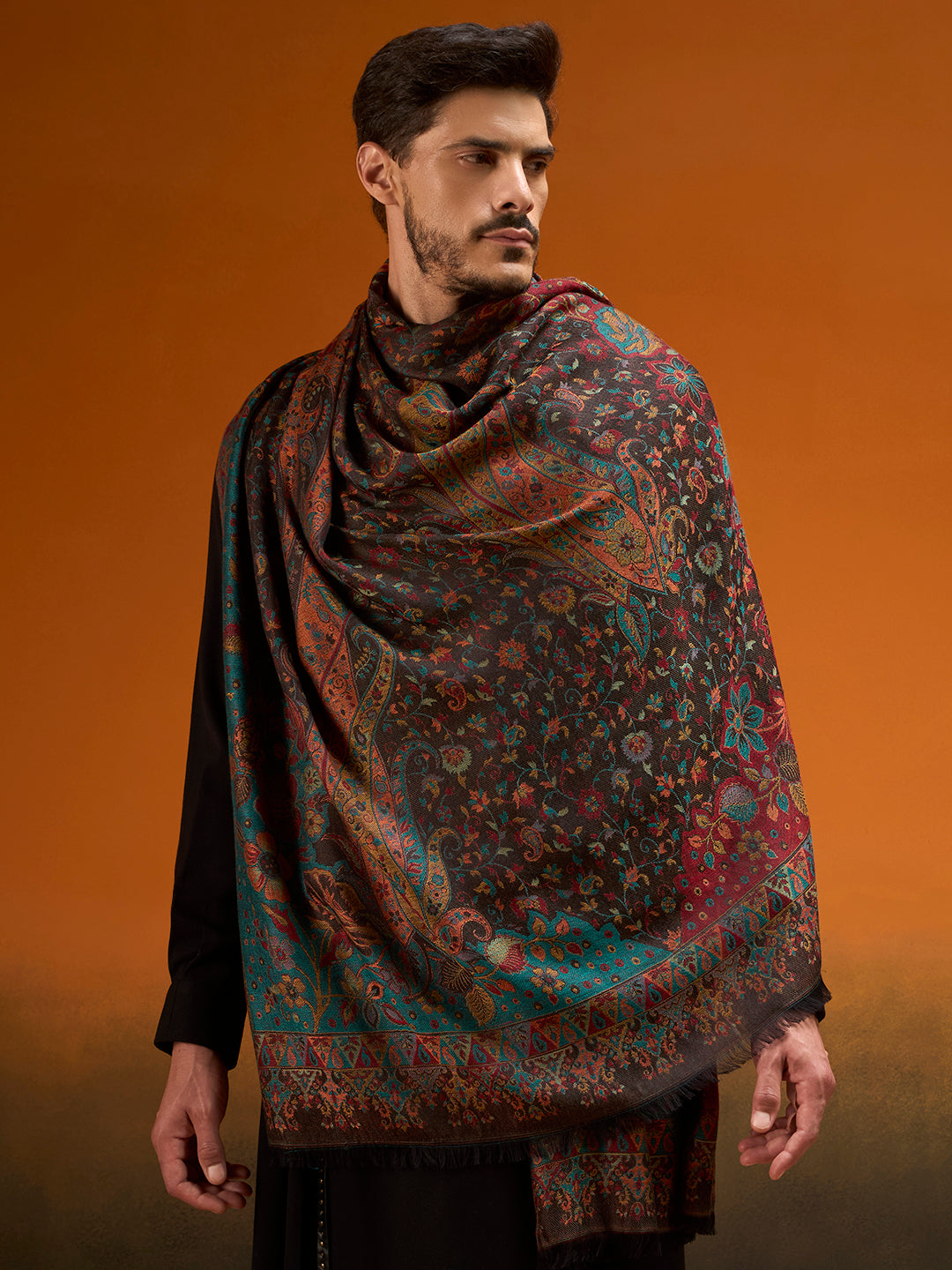 Pashmoda Men Grand Paisley Kaani Shawl, Authentic Kashmiri Pashmina Style Wrap, Medium Gents Lohi, Traditional Jamawar Woven Design, Gift Box Packed, Black Colour (40 x 80 Inches)