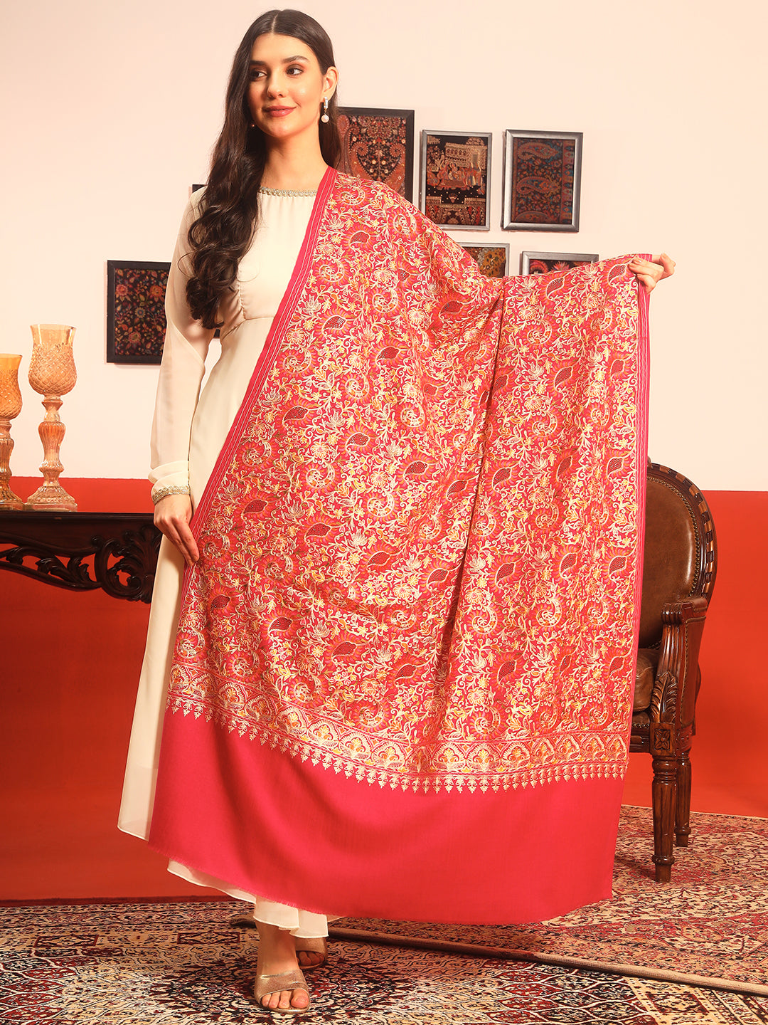 Pashmoda Women Ruhani Fine Wool Nalki Hand Embroidered Shawl (Size: 101x203 Cm)