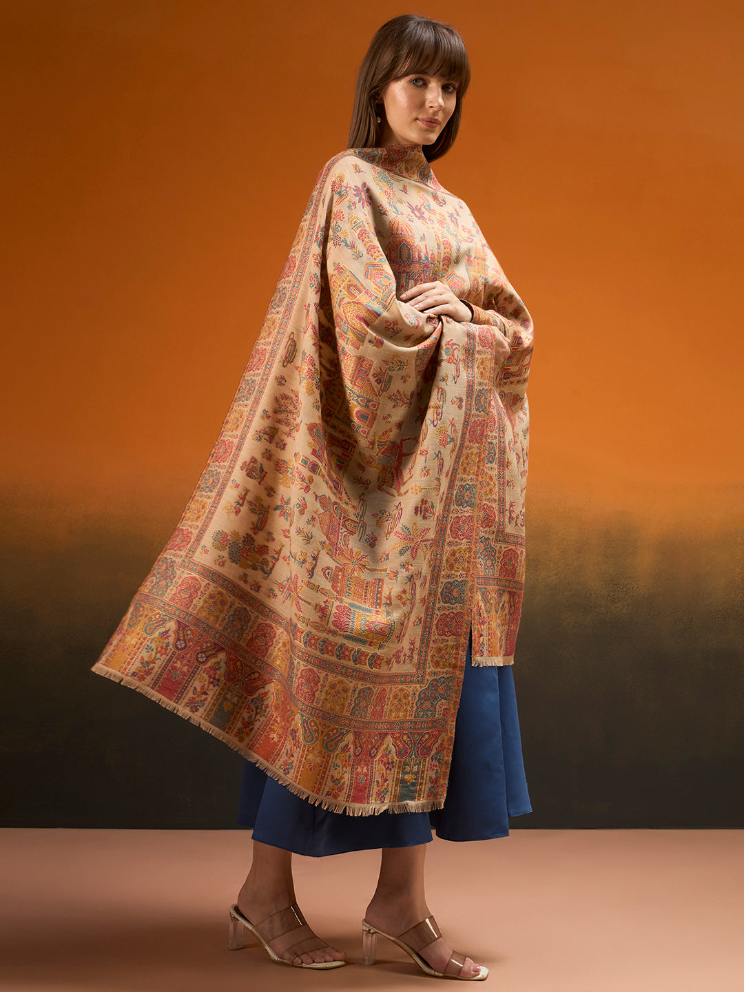 Pashmoda  Imperial Caravan kaani stole Stole for Women, Wool Blend Pashmina Style Shawl Wrap, Traditional Kashmiri Jamawar Woven Design, Luxury Evening & Festive Scarf (28 x 80 Inches)