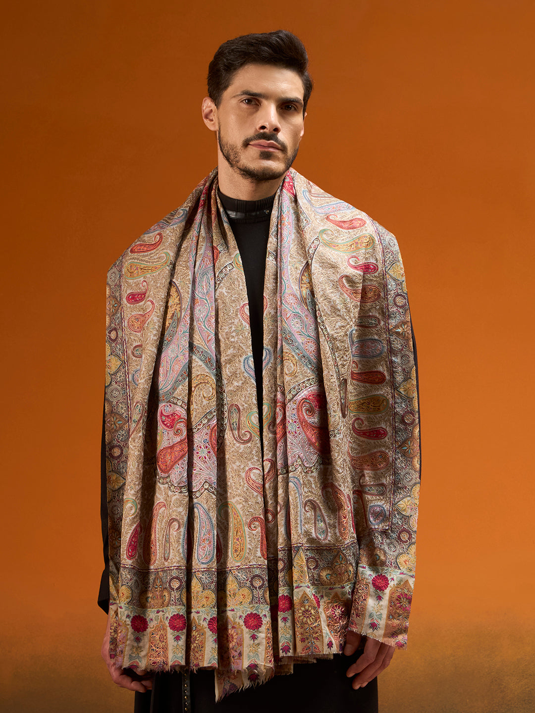 Men Paisley Promenade Fine Wool Kalamkari Embroidered Shawl