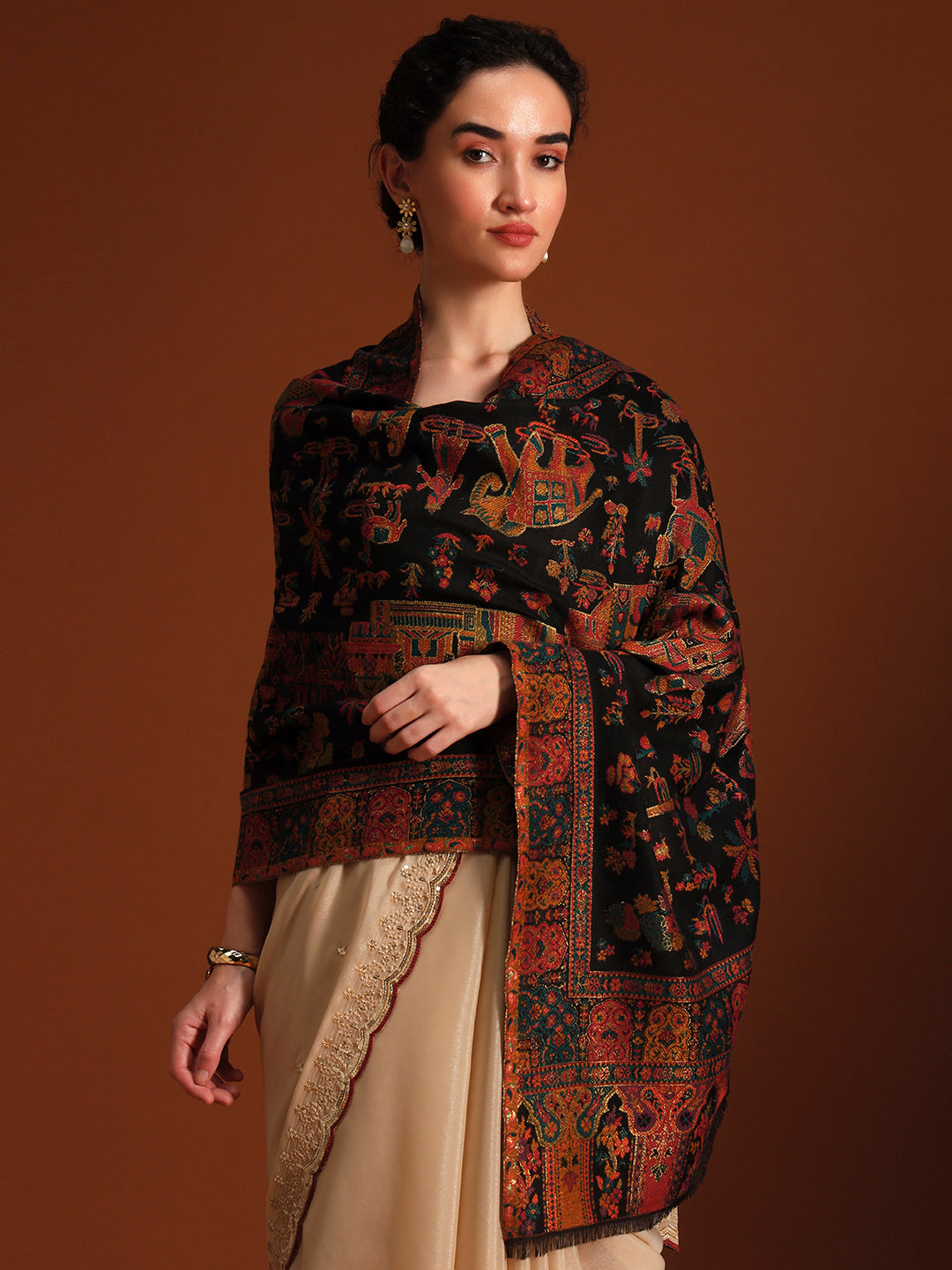 Pashmoda  Imperial Caravan kaani stole Stole for Women, Wool Blend Pashmina Style Shawl Wrap, Traditional Kashmiri Jamawar Woven Design, Luxury Evening & Festive Scarf (28 x 80 Inches)