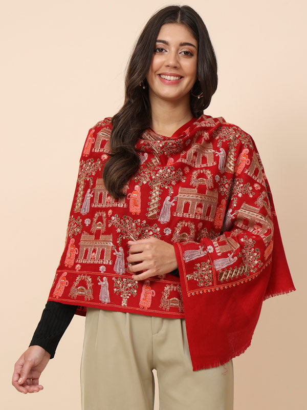 Women Red Pure Wool Embroidered Stole (Size 71X203 CM)