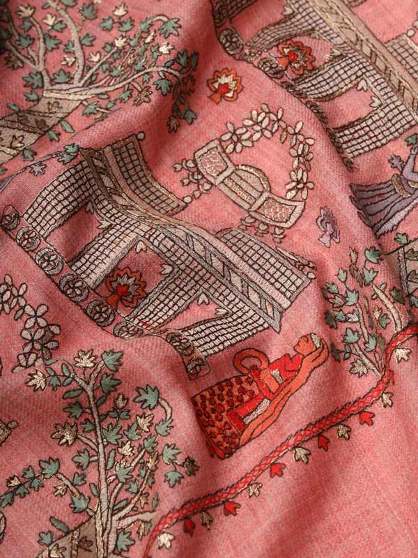 Women Light Pink Pure Wool Embroidered Stole (Size 71X203 CM)