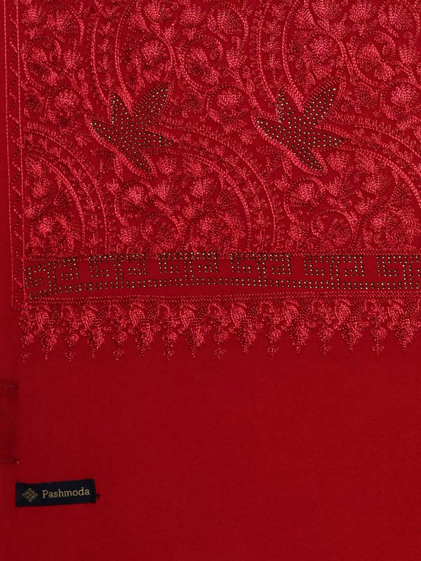 Women's Maroon Pure Wool Crystal Work and Aari Embroidered Shawl (Size: 101 X 203 Cms)