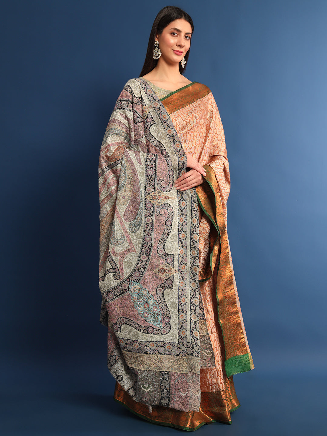 Women Safa Fine Wool Fabric Pashmina Kalamkari Embroidered Shawl (Size: 115x230 CM)