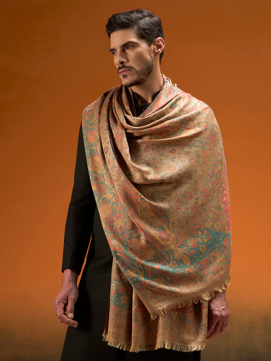 Pashmoda Men Grand Paisley Kaani Shawl, Authentic Kashmiri Pashmina Style Wrap, Medium Gents Lohi, Traditional Jamawar Woven Design, Gift Box Packed, Beige Colour (40 x 80 Inches)