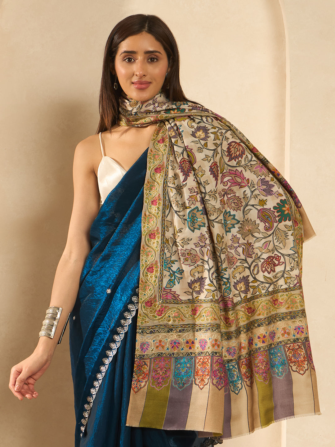 Women Nazakat Fine Wool Fabric Kalamkari Embroidered Shawl,