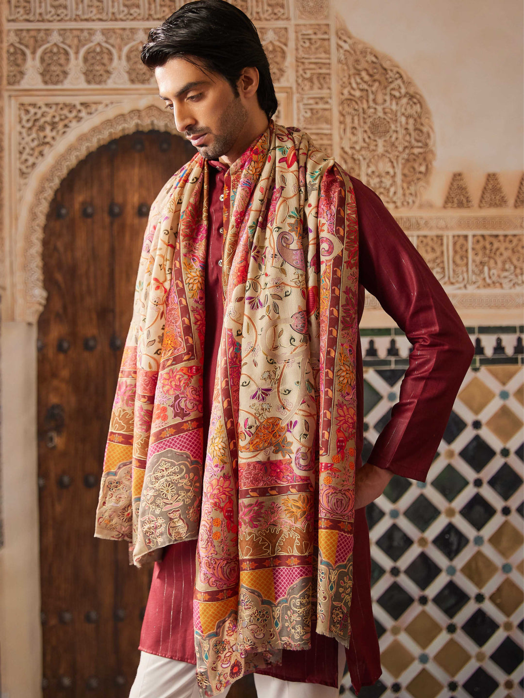 Pashmoda Men Fine Wool Kalamkari Embroidered Shawl (Size 101x203 Cm)