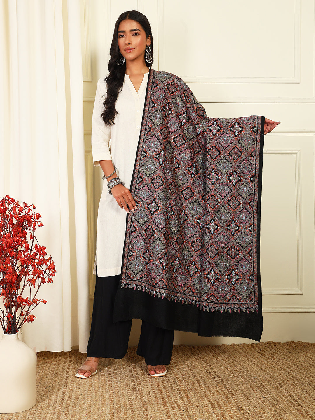 Pashmoda Women’s Zaira 100% Fine Wool Sozni Hand Embroidered Shawl (Size: 101x203 Cm)